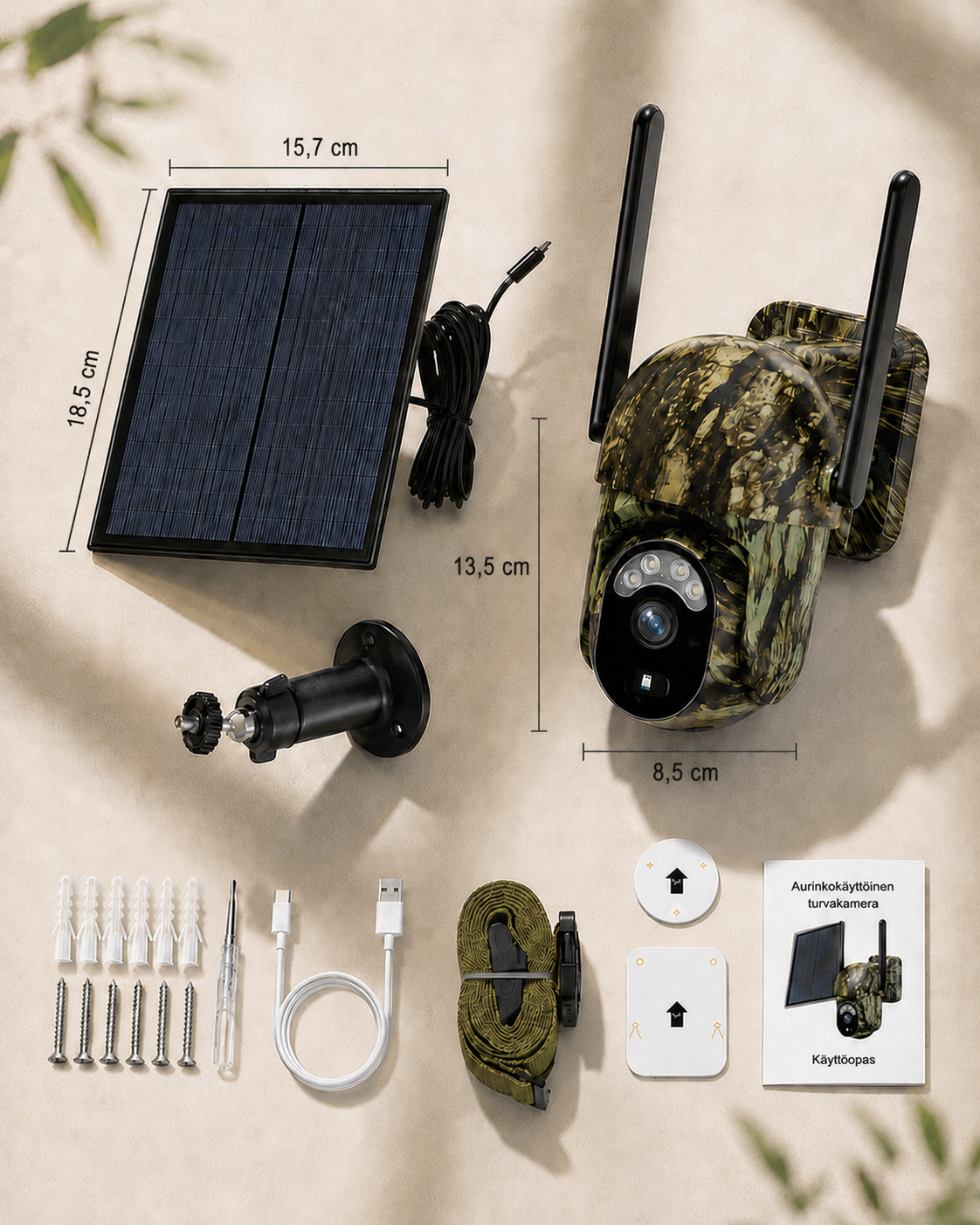 Lieferumfang mit Kamera, Solarpanel, Halterung, Schrauben, Dübeln, USB-Kabel, Gurt und Montageschablonen