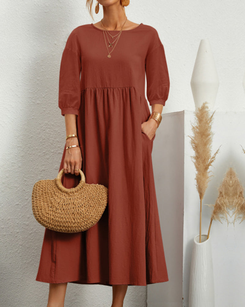Midikleid mit Rundhalsausschnitt & Laternenärmeln – Selina