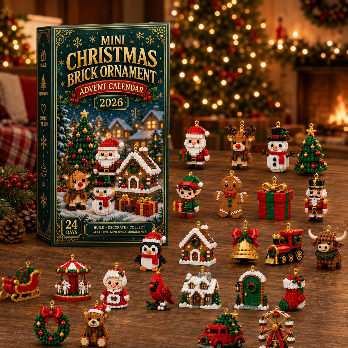 Schachtel vor einem Kamin mit Weihnachtsbaum, davor auf dem Holztisch verteilt alle 24 fertigen Mini-Figuren, darunter Karussell, Riesenrad und Rotkehlchen-Kard 10
