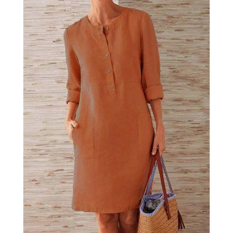 Herbstliches stilvolles Damen Freizeitkleid mit Taschen & Rundhalsausschnitt – Niva
