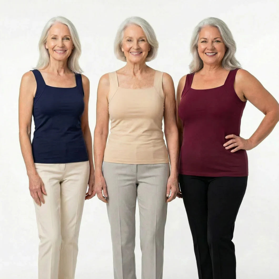 Gruppenfoto mit drei Frauen im Stütz-Top für Damen in Marineblau, Beige und Bordeauxrot