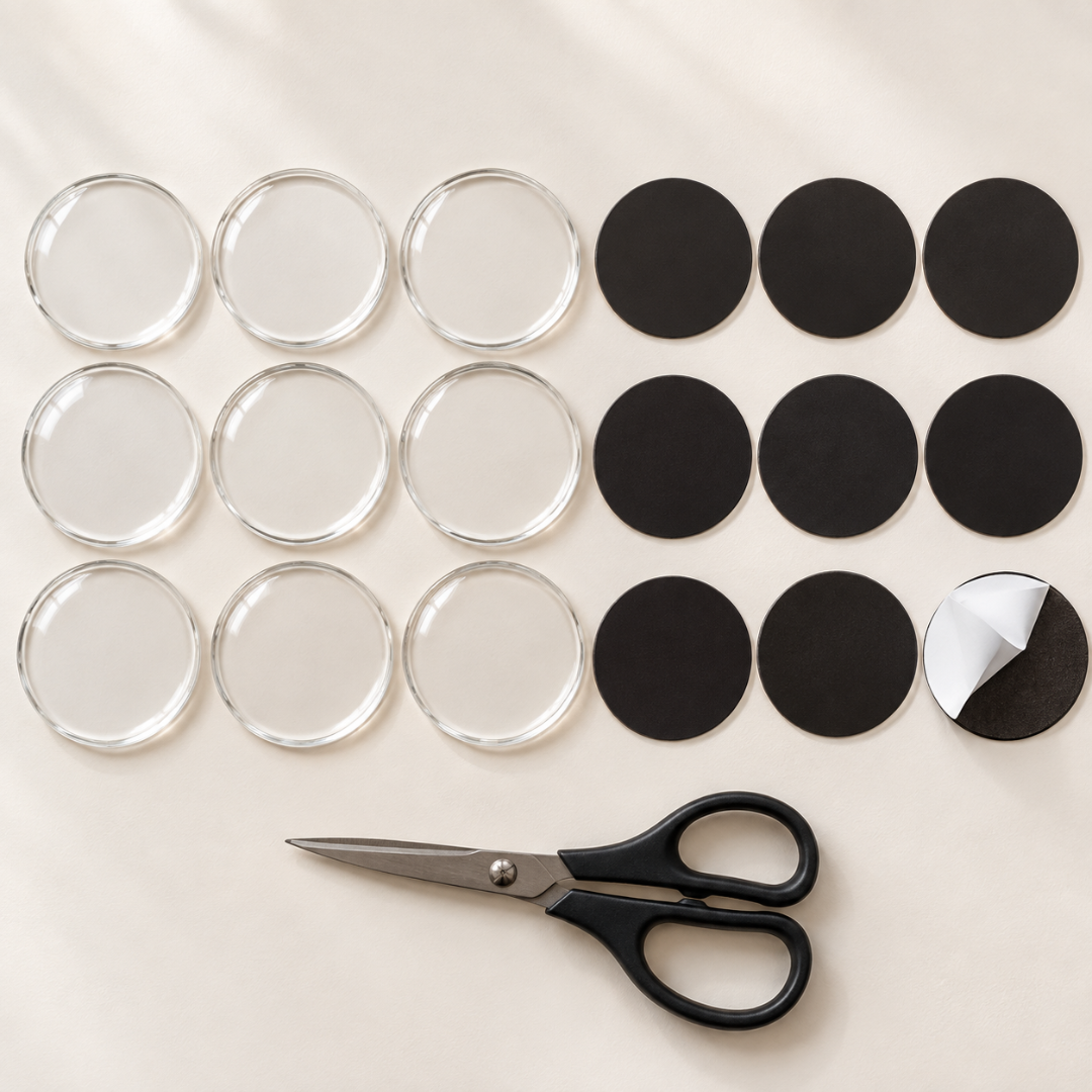 Neun klare runde Acrylrohlinge neben neun schwarzen runden Magnetplatten und einer Schere, eine Platte mit teilweise 10