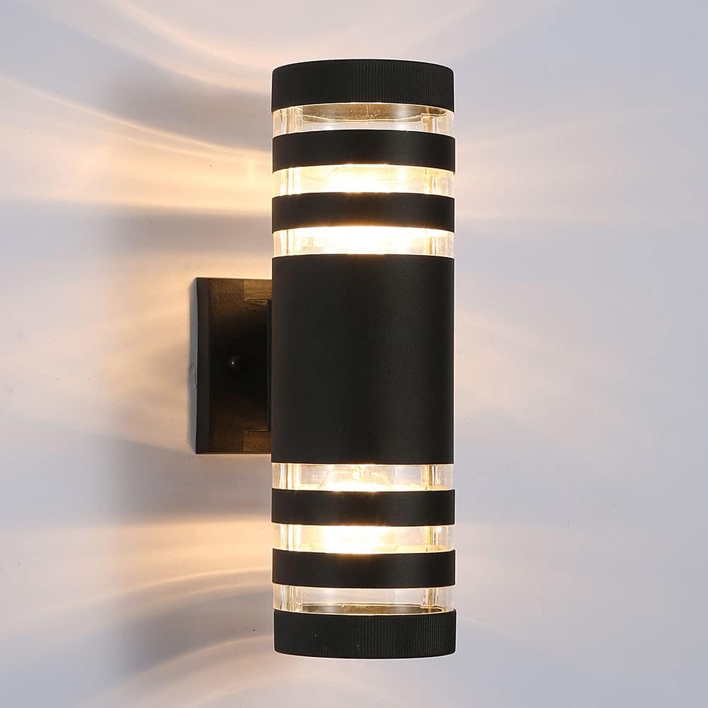 Runde schwarze Wandleuchte mit je zwei transparenten Lichtringen oben und unten, Seitenansicht mit quadratischer 19