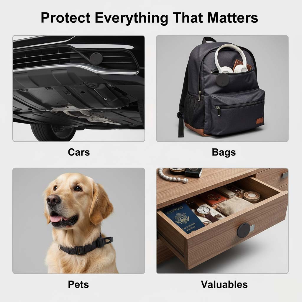 Detail: Vier Anwendungsbeispiele mit Tracker unter dem Auto, am Rucksack, am Hundehalsband und an einer Schublade