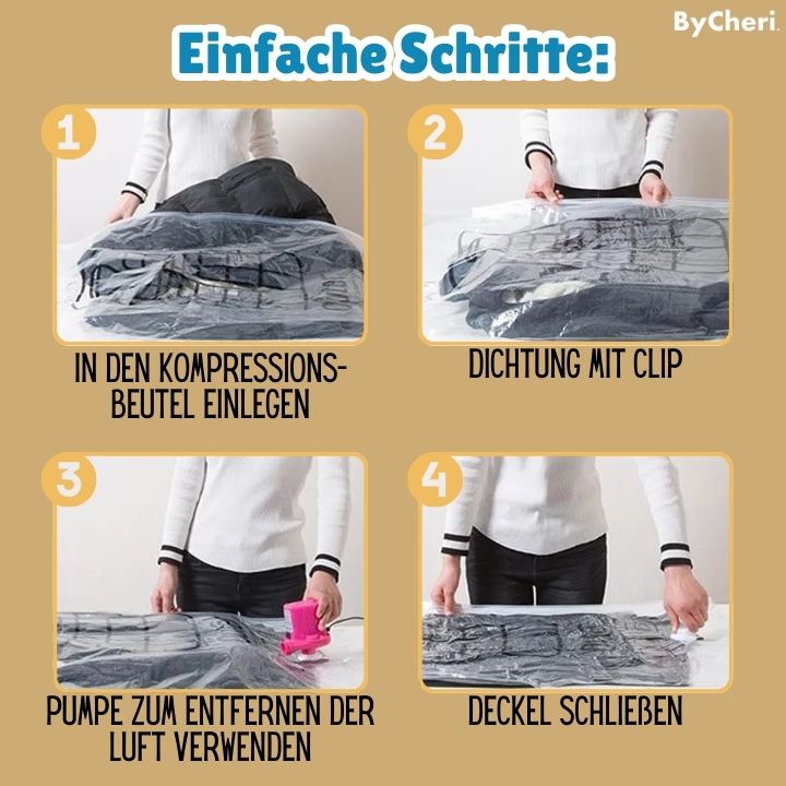Vierteilige Anleitung zum Befüllen, Abdichten, Absaugen und Verschließen des Beutels