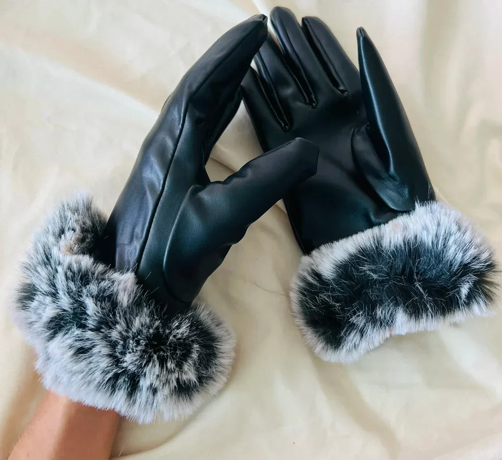 Schwarze Lederhandschuhe mit Kunstfellbesatz, elegant, warm, Damenmode.