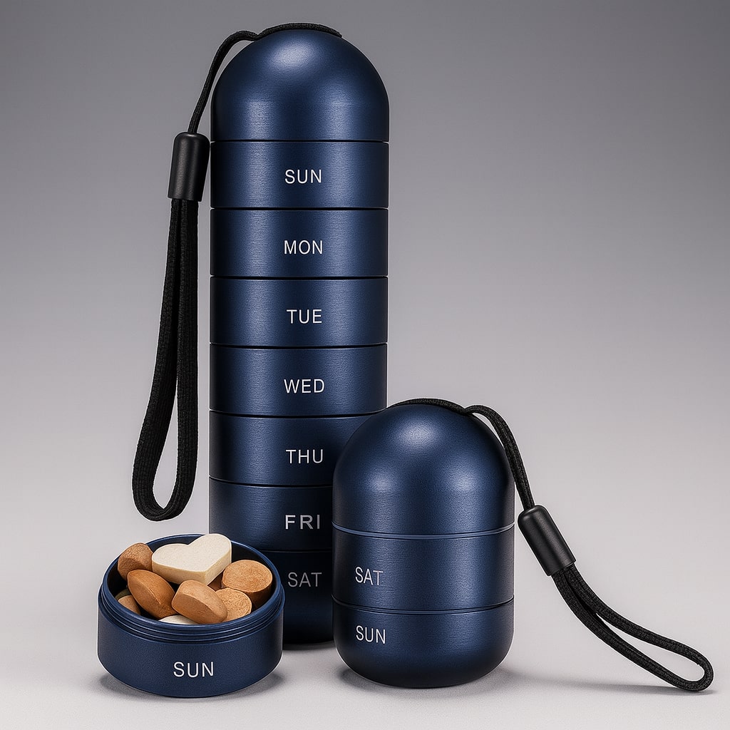 Dunkelblaue Pillendose mit 7 Fächern als Turm mit schwarzer Schlaufe, davor ein offenes Fach mit Tabletten.