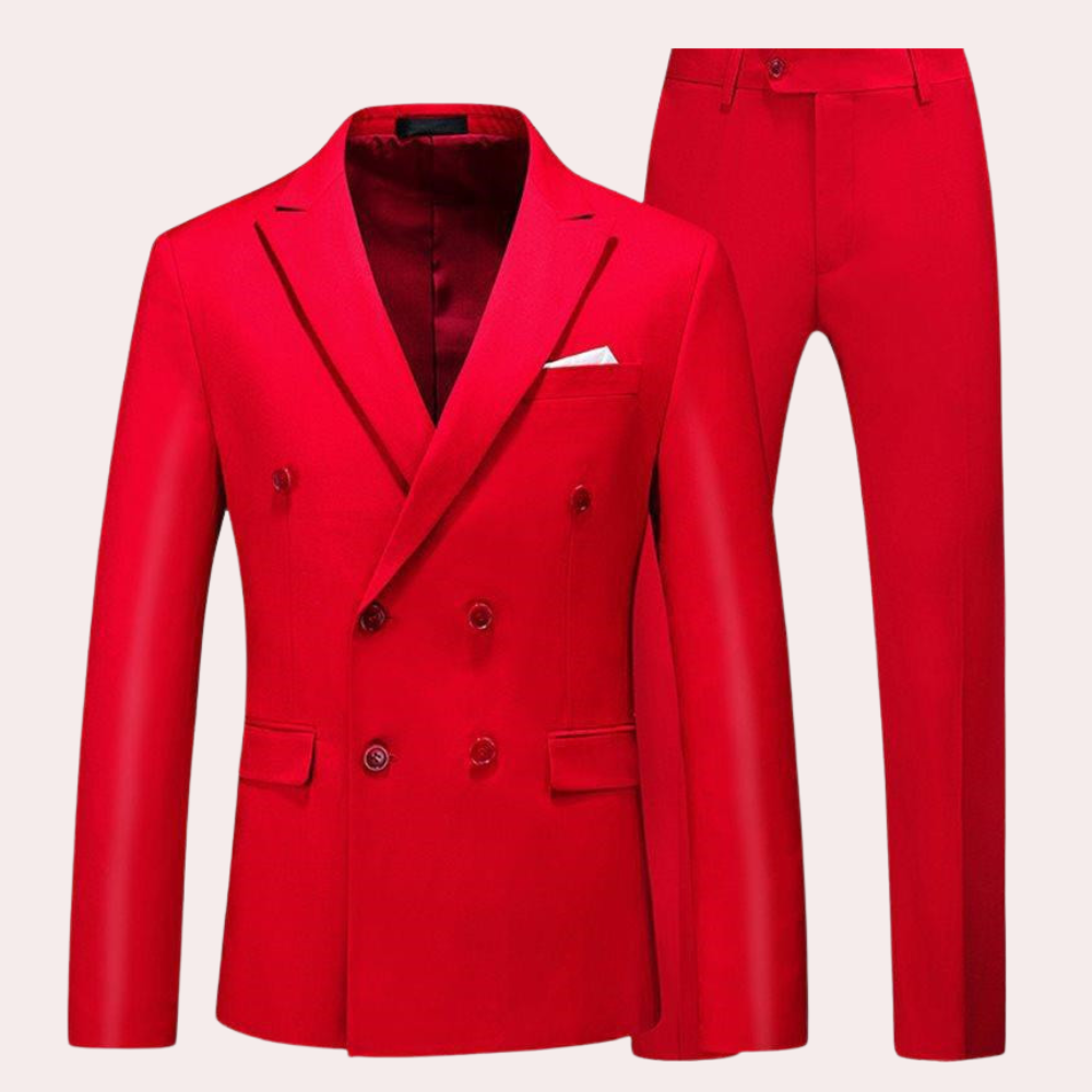 Roter Herrenanzug, Doppelreiher, elegant, aus Baumwolle, für formelle Anlässe.