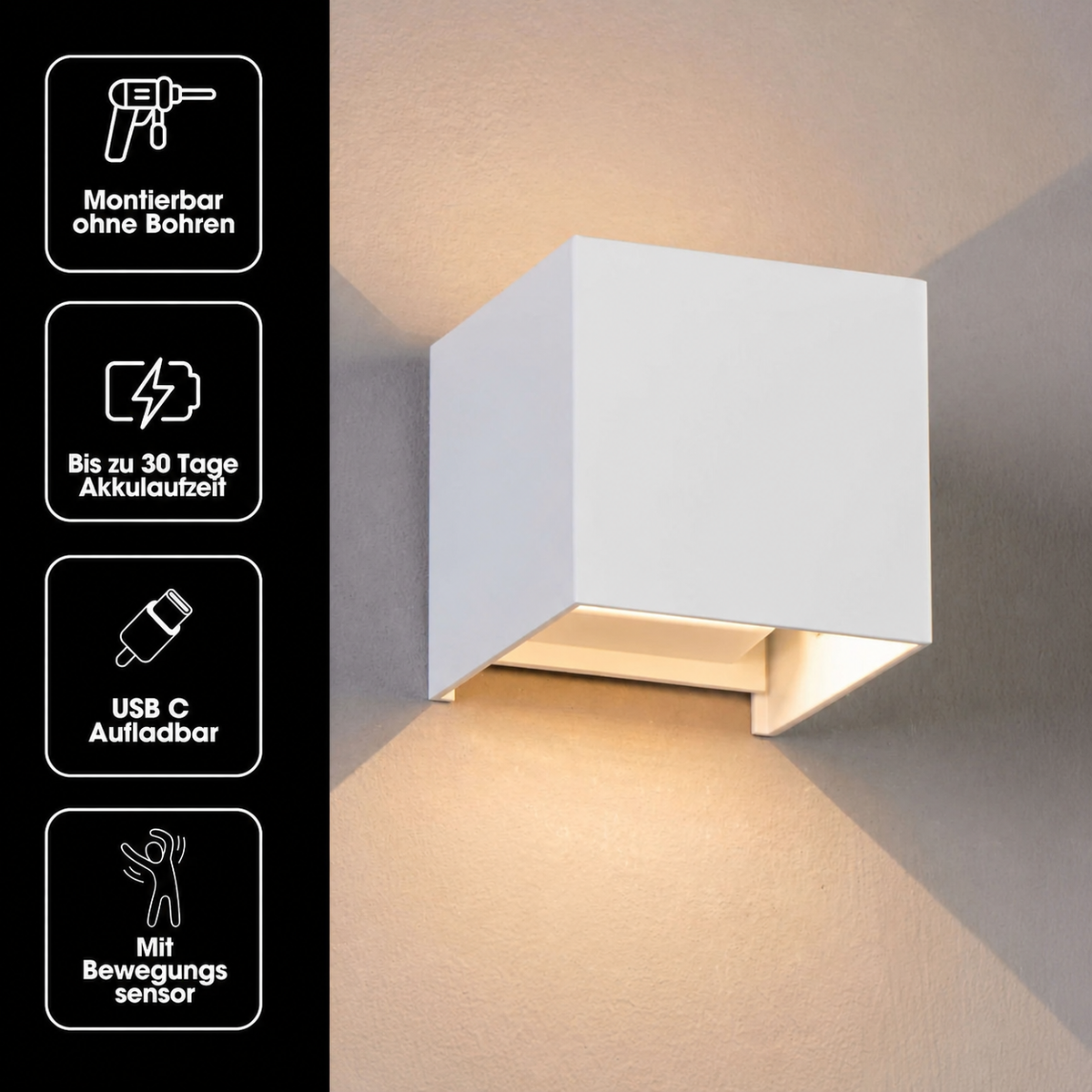 Weiße Würfel-Wandlampe mit vier Symbolen links für Montage ohne Bohren, Akkulaufzeit, USB-C-Aufladung und Bewegungssensor. 19