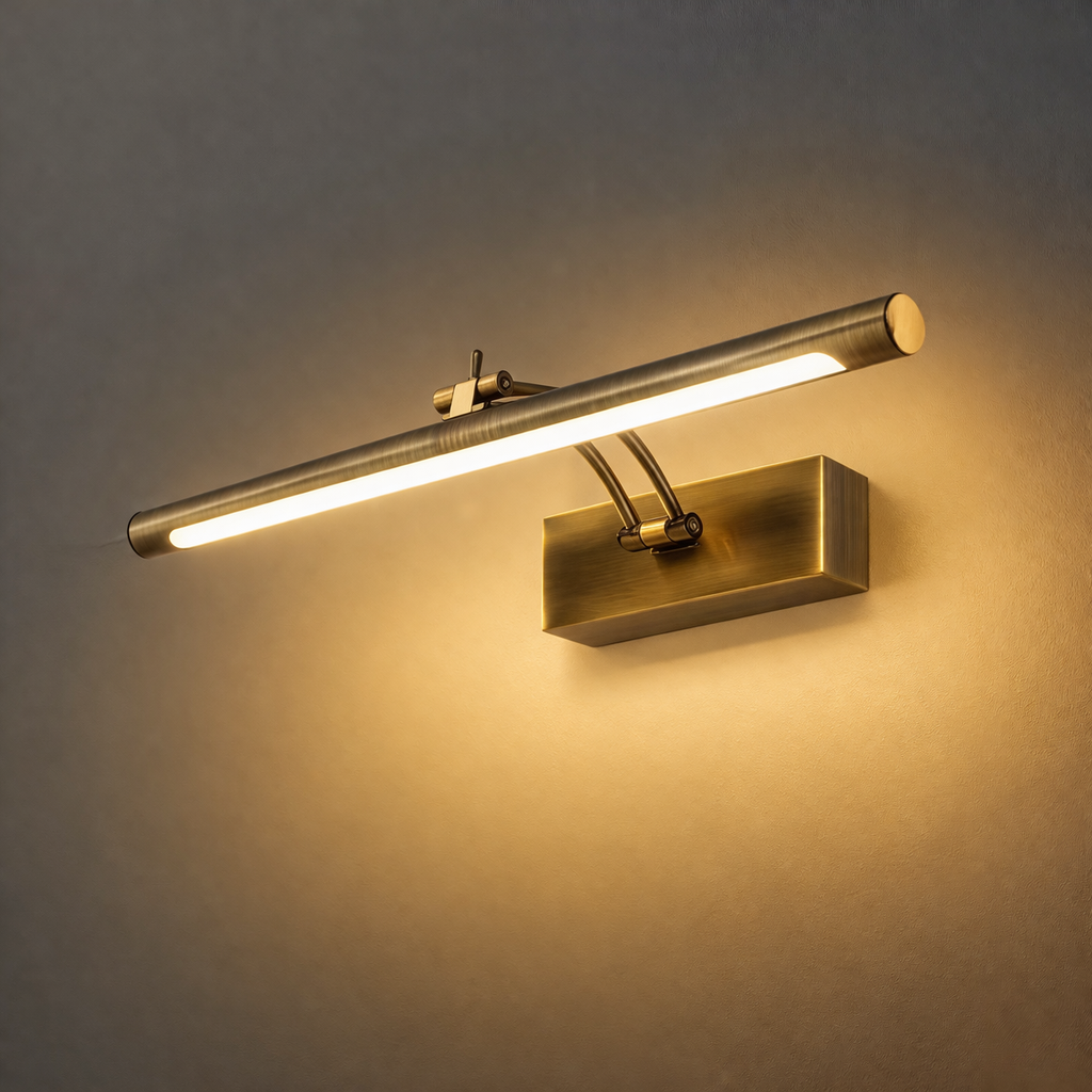 Eingeschaltete bronzefarbene Röhrenleuchte mit Schwenkarm an der Wand, der Leuchtstreifen strahlt warmweißes Licht aus 16