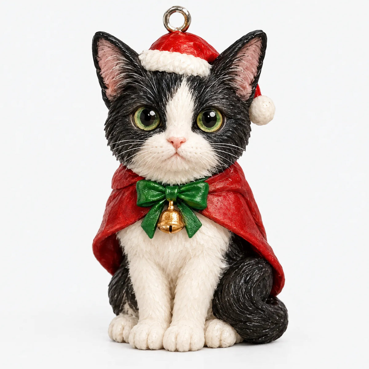 Nahaufnahme eines Katzenanhängers: schwarz-weißes Kätzchen mit roter Zipfelmütze, rotem Umhang, grüner Schleife und goldenem Glöckchen. 3