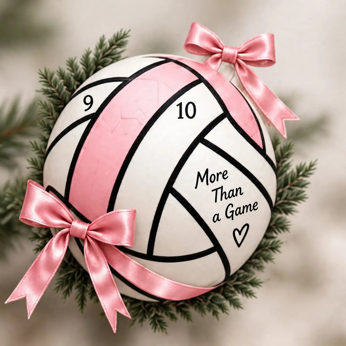 Nahaufnahme der Kalenderfront mit rosa-weißem Volleyball-Motiv, rosa Schleifen und Tannenzweigen, einzelne Türchen sind 3