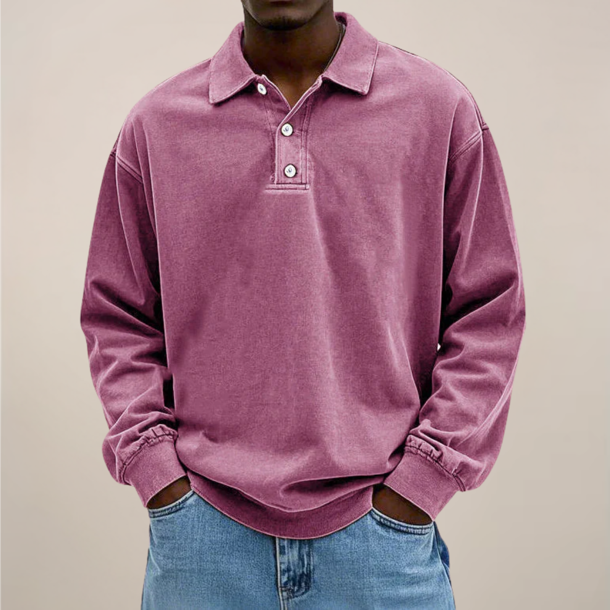 Herren Langarm-Poloshirt in Altrosa, Frontansicht am Model