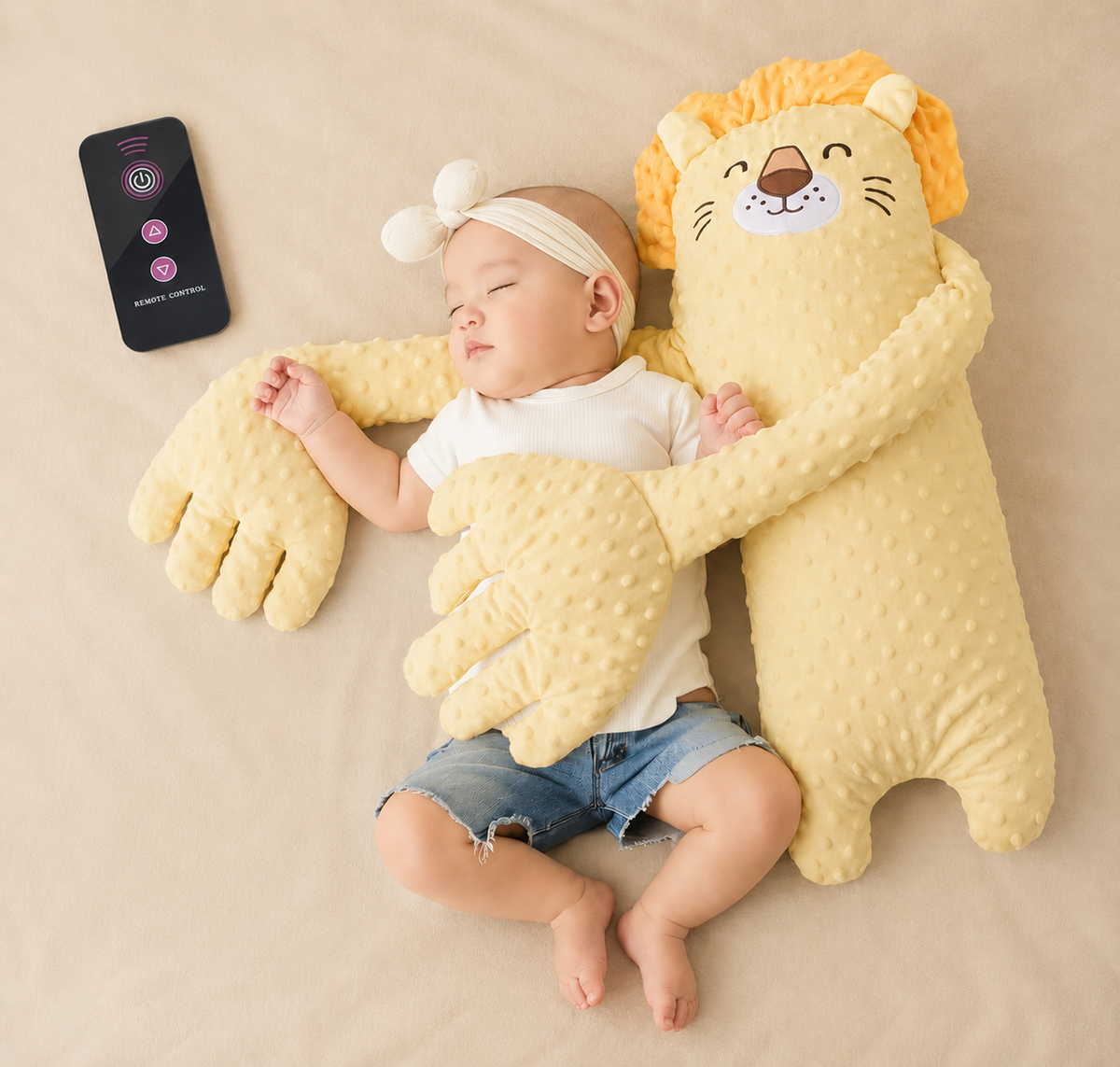 DreamBuddy gelbes Löwen-Kuscheltier mit schwarzer Fernbedienung neben dem schlafenden Baby