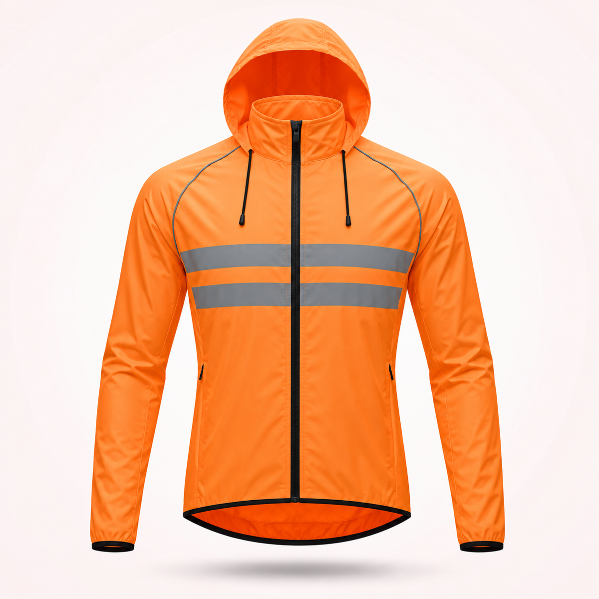 Orange Fahrradjacke mit Kapuze und Zugbändern in der Frontansicht, mit zwei grauen Reflexstreifen und Reißverschlusstaschen. 20