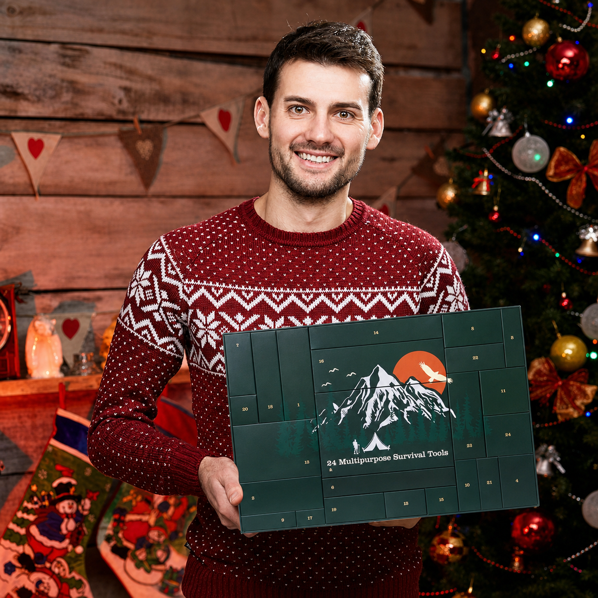 Lächelnder Mann im roten Strickpullover hält den grünen Adventskalender vor einem geschmückten Weihnachtsbaum 9