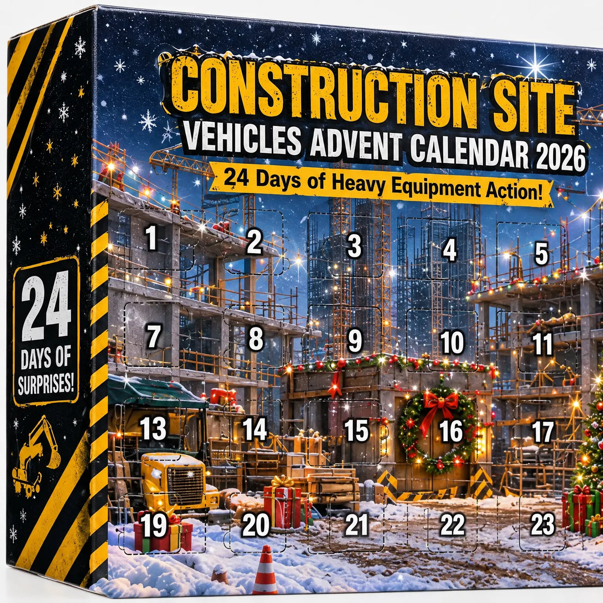 Nahaufnahme der Vorderseite der Schachtel mit winterlicher Baustellenszene, Weihnachtsbaum, Geschenken und den nummerierten Türchen von 1 bis 23. 3