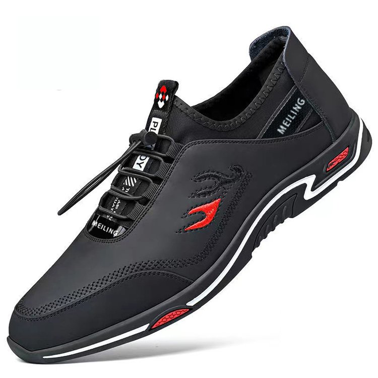 Schwarzer Herren-Sneaker, stilvoll, bequem, mit rotem Akzent, ideal für Freizeitkleidung.