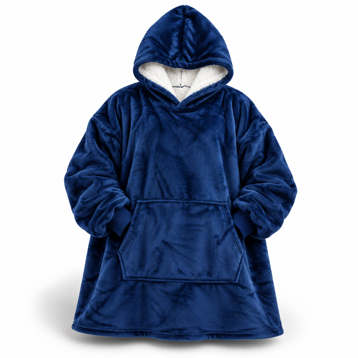 Marineblaue Ultraweiche Oversize-Sherpa-Hoodie-Decke (mit Tasche) von vorne mit weißem Sherpa-Futter in der Kapuze und großer Bauchtasche.