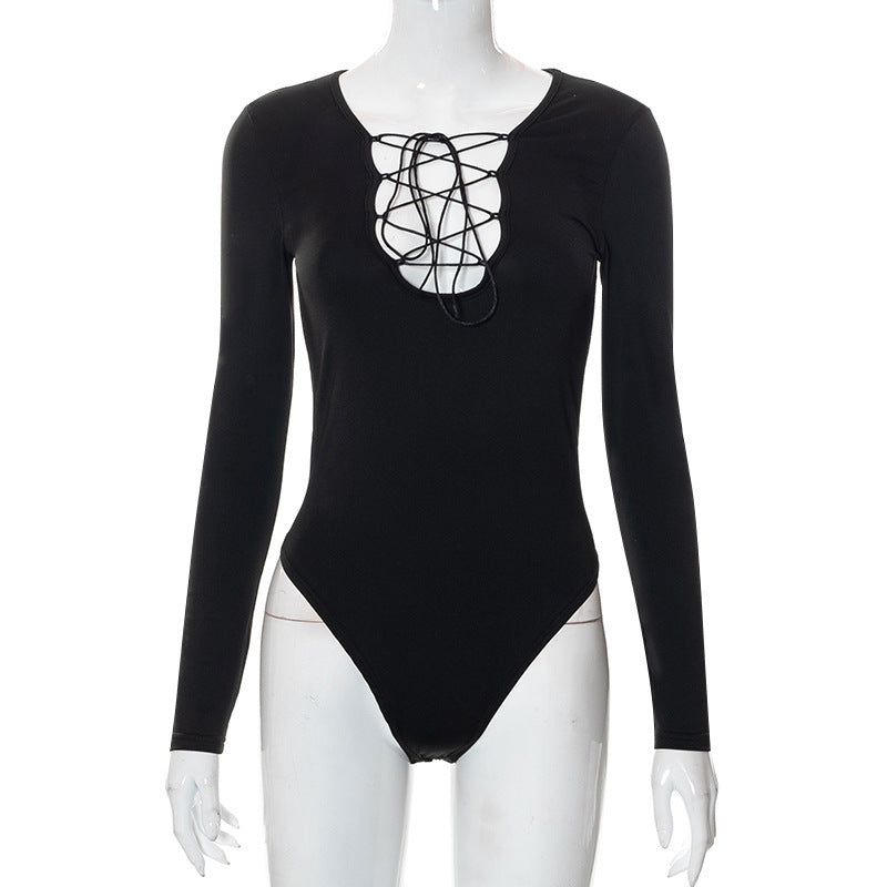 Herbstlicher Damen Bodysuit mit Schnürung & tiefem V-Ausschnitt – Aveline