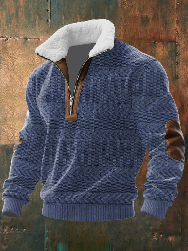 Blaue Variante mit Fischgrät-Strukturmuster, Fleece-Stehkragen, Reißverschluss und braunen Ellbogenflicken 5