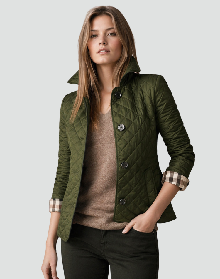 Olivgrüne Steppjacke mit Knopfleiste und Rautensteppung