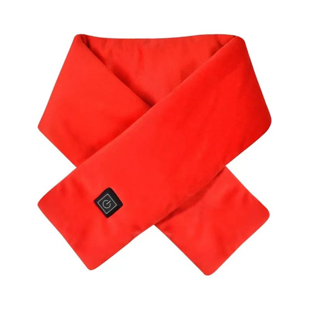 Roter beheizbarer Schal, weiches Material, ideal für kalte Wintertage, modisches Accessoire.