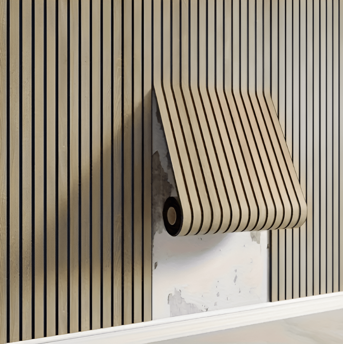 Selbstklebende Holzpaneele in gedecktem Eichenton als Bahn an der Wand