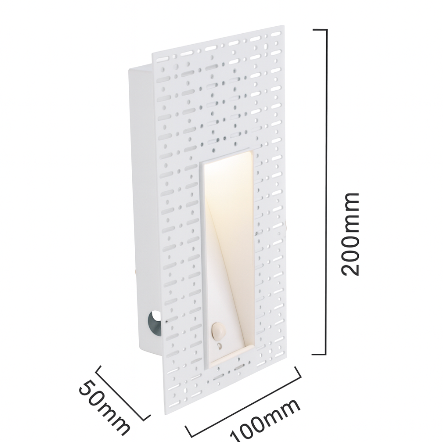 Schmale leuchtende Einbauleuchte mit Maßangaben 200 mm Höhe, 100 mm Breite und 50 mm Tiefe 18