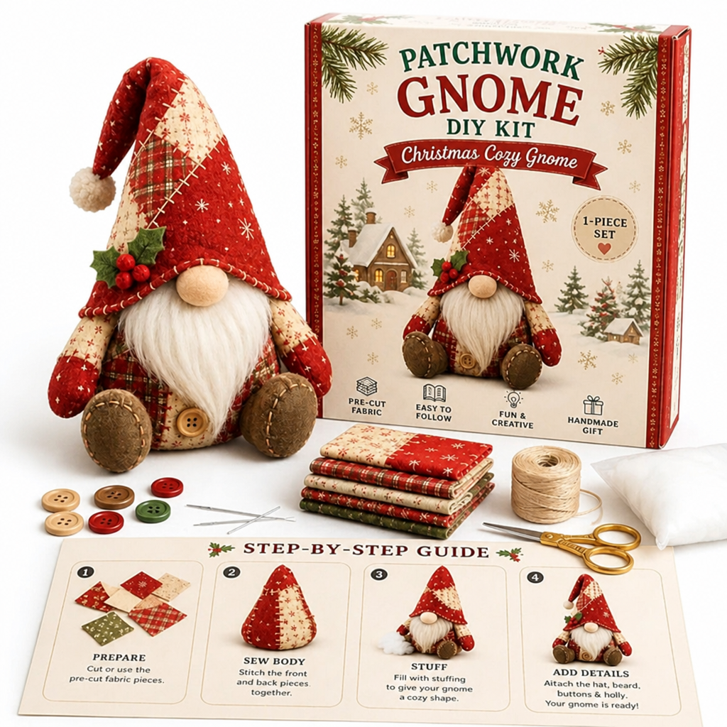Roter Weihnachts-Wichtel mit Bommel und Stechpalme neben Verpackung, Stoffen, Garn, Knöpfen, Nadeln, Schere und Anleitung 13