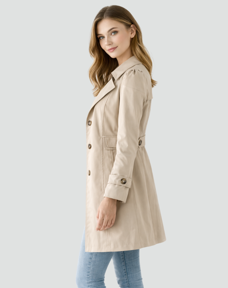 Seitenansicht des beigen Damen-Trenchcoats mit Revers, Knopfleiste und taillierter Silhouette
