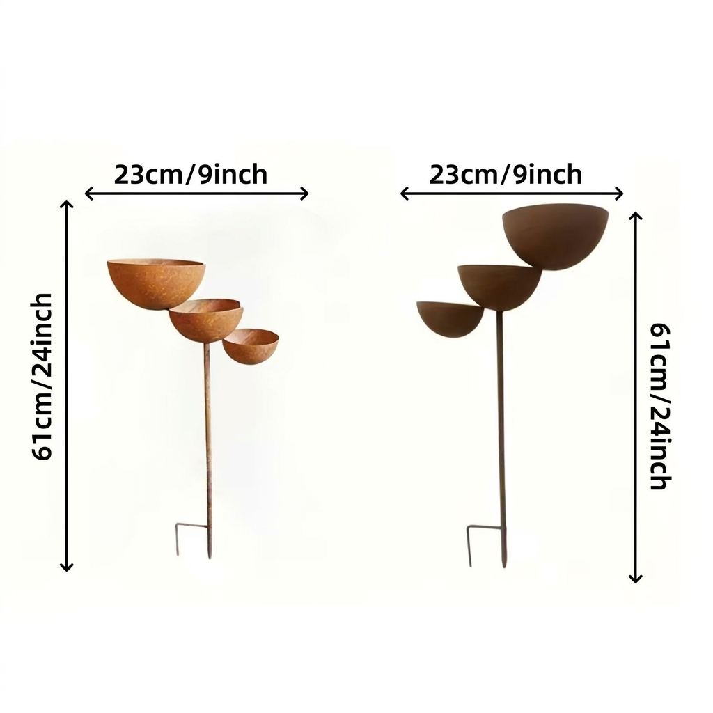 Maßgrafik des Vogelbads mit Erdspieß aus zwei Ansichten, jeweils etwa 61 cm hoch und 23 cm breit 8