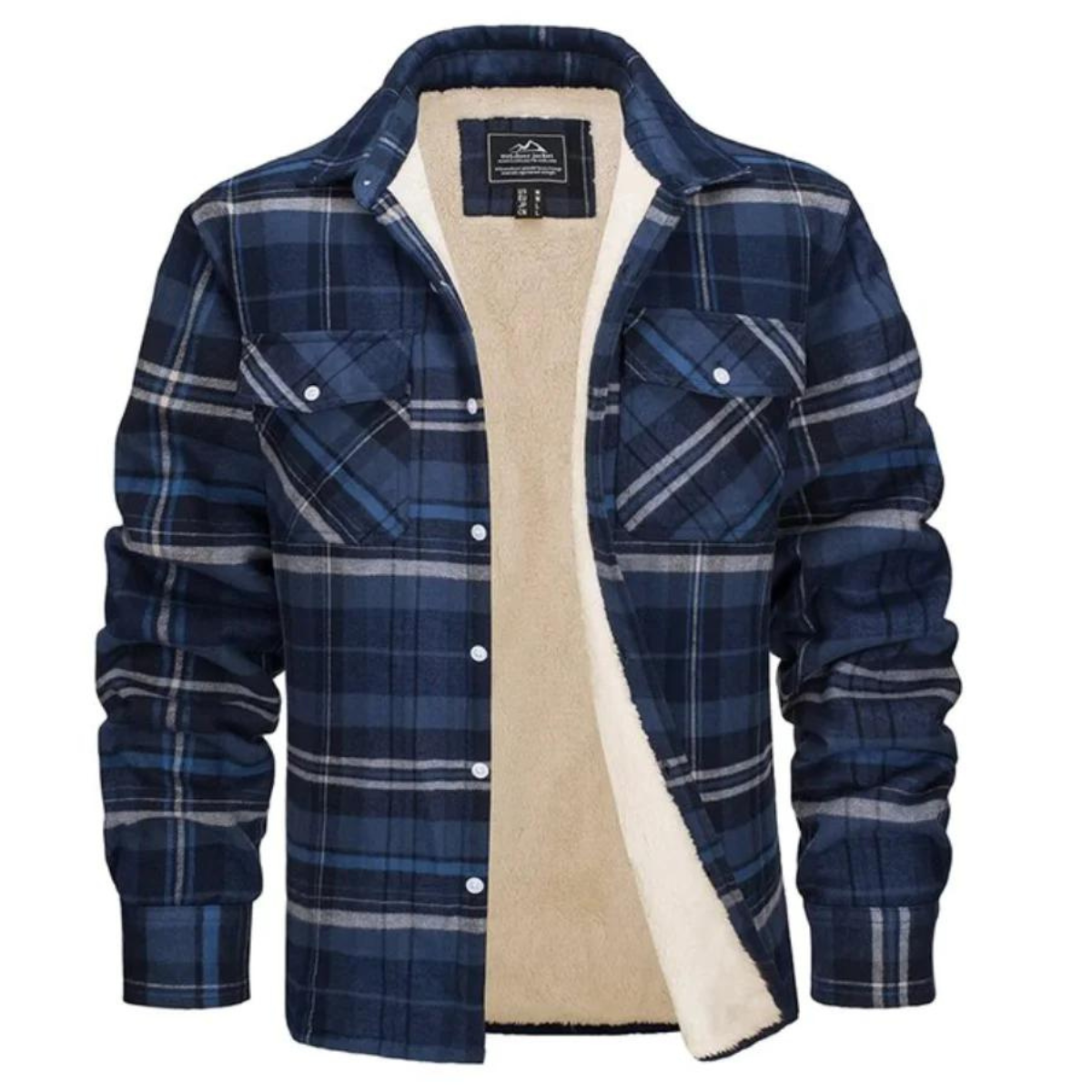 Blau karierte Herrenjacke mit Fleece-Futter, Langarm, Knopfleiste, Wintermode.