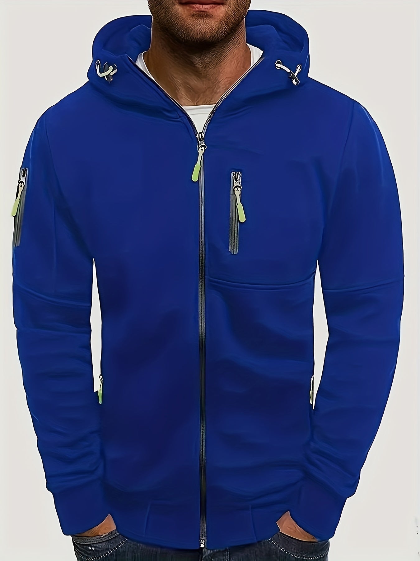 Blauer Herren-Hoodie mit Reißverschluss, Kapuze und Taschen, sportlich, bequem, modisch.