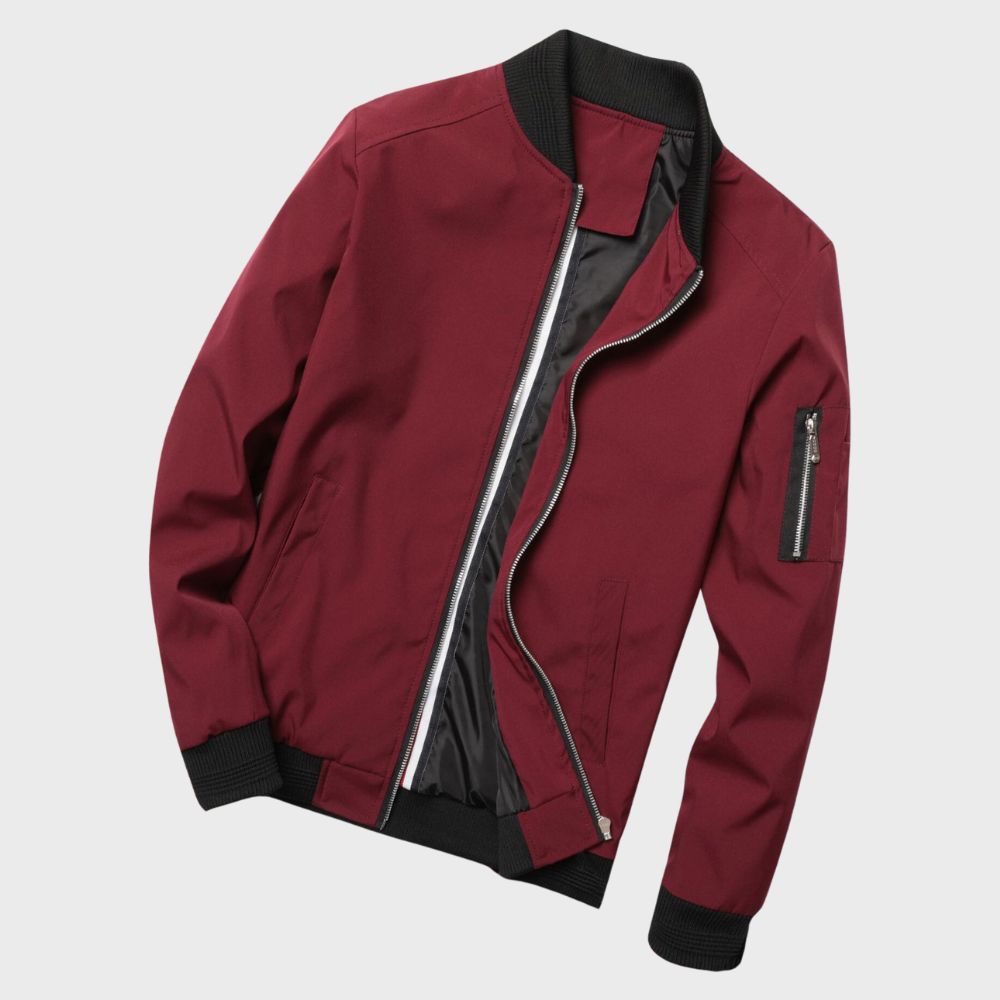 Bordeauxrote Herren-Bomberjacke, Reißverschluss, Taschen, modisch, lässig, Herbstbekleidung.