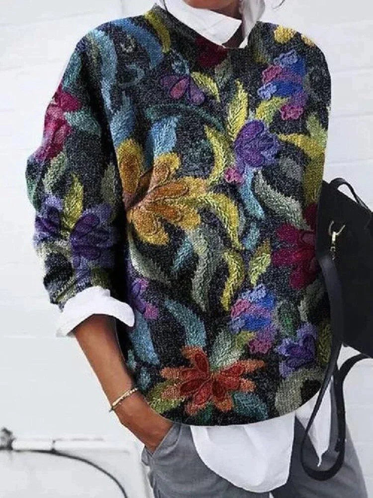 Bunter Pullover mit Blumenmuster, Damenmode, Strick, Herbst, lässig, modisch, bequem.