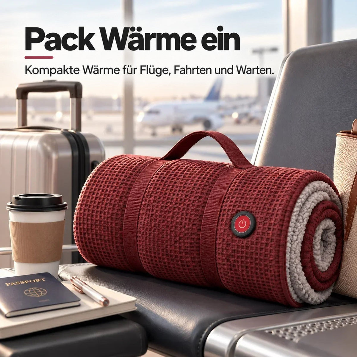 Aufgerollte rote Decke mit Trageschlaufe auf einem Wartebank-Sitz im Flughafen, daneben Kaffeebecher, Reisepass und Koffer 12