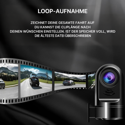 Kamera neben einem Filmstreifen mit Fahrtaufnahmen von Straße und Bergen zur Darstellung der Schleifenaufzeichnung 8