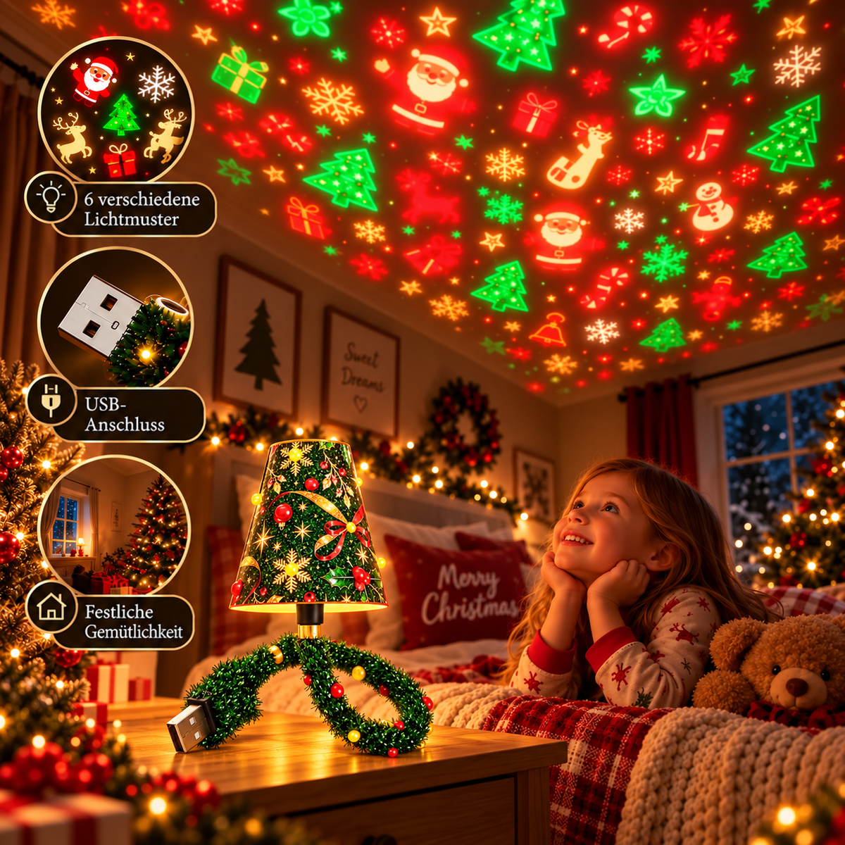 Lächelndes Mädchen im Schlafanzug liegt im weihnachtlich geschmückten Zimmer im Bett und schaut zu den Lichtmotiven an der Decke, die die Lampe projiziert. 8
