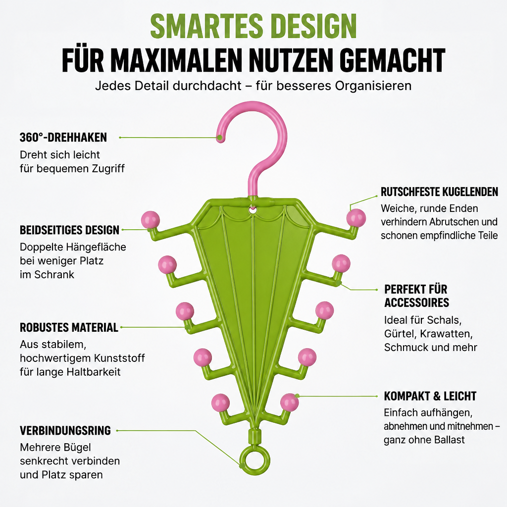 Grüner Hänger mit rosa Kugelspitzen und beschrifteten Details zu Haken, Doppelseitigkeit und verbindbarem Ring auf hellem 8
