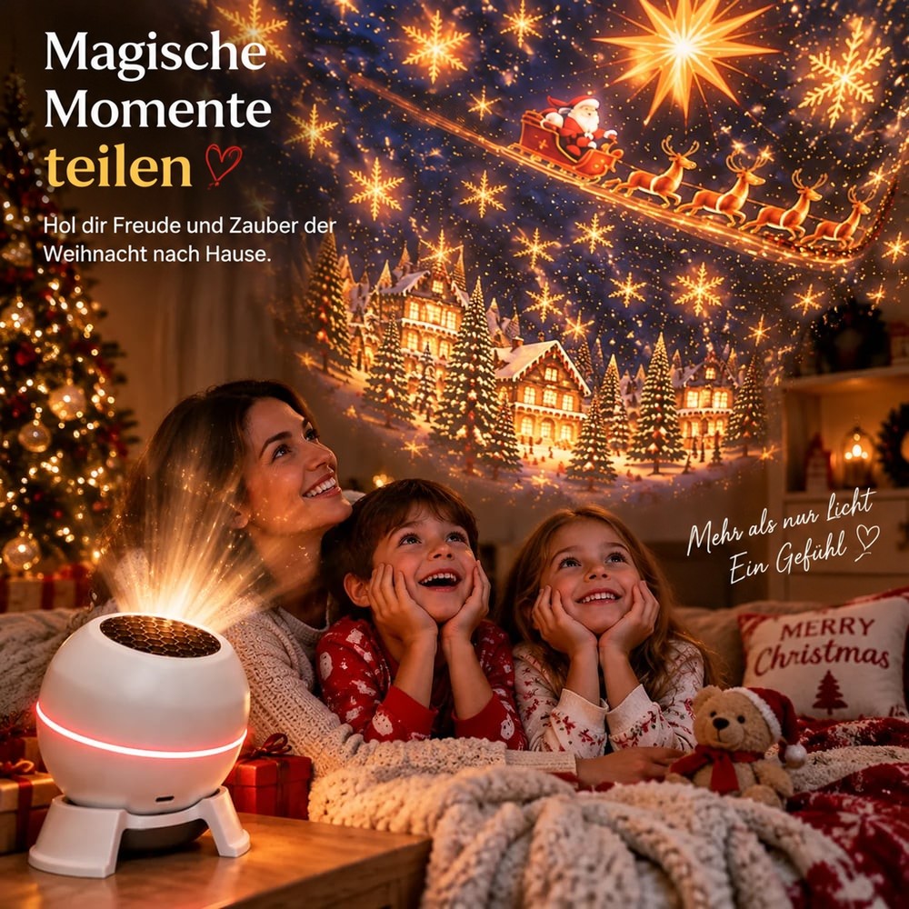 Mutter und zwei Kinder in Weihnachtspyjamas staunen unter einer Decke über die Projektion des Lichts an der Wand 6