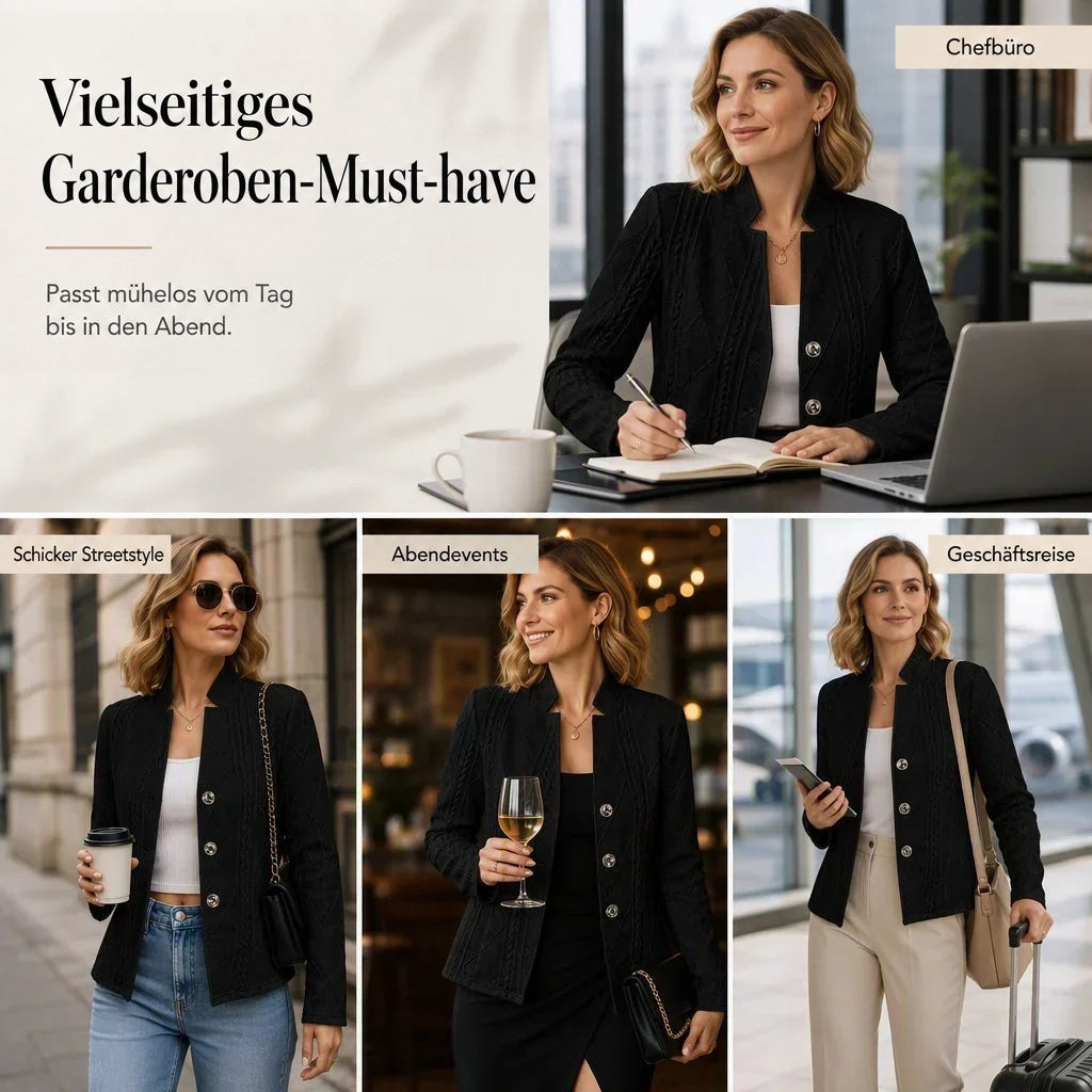 Collage einer Frau im schwarzen strukturierten Blazer mit Knopfleiste: am Schreibtisch im Büro, in der Stadt, abends mit Weinglas und auf Reisen. 21