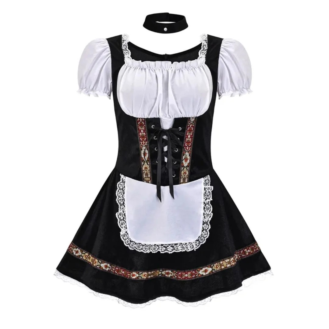 Komplett schwarzes Dirndl mit weißer Spitzenschürze, Schnürung am Mieder und Halsband 8