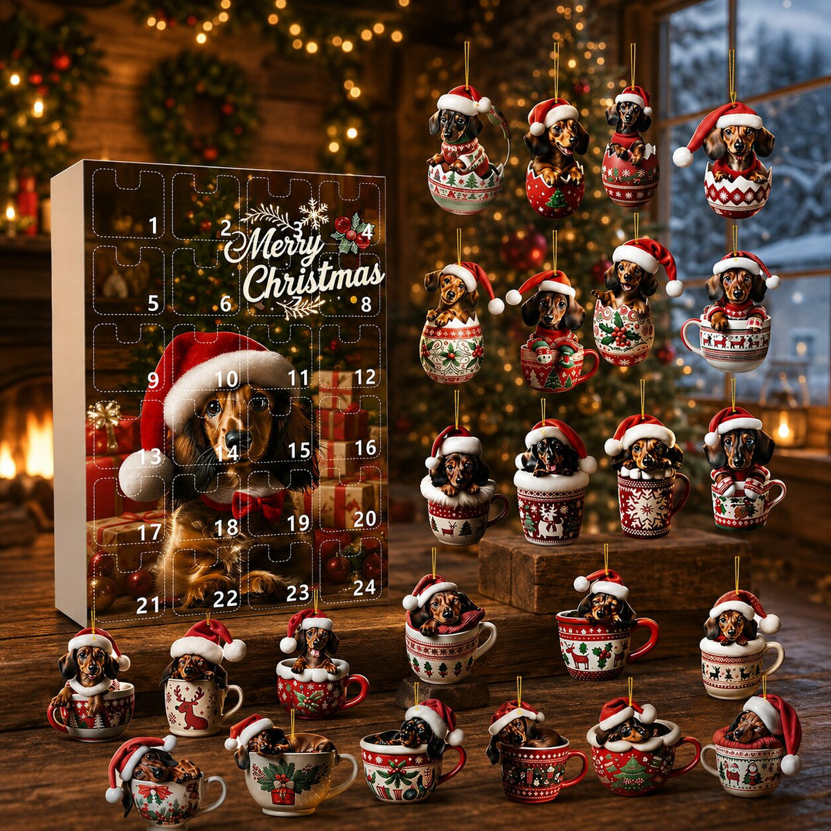 Adventskalender-Box mit Dackel-Motiv und die Dackel-Anhänger in Tassen und Eierschalen, auf Holz arrangiert vor Weihnachtsbaum und verschneitem Fenster. 7