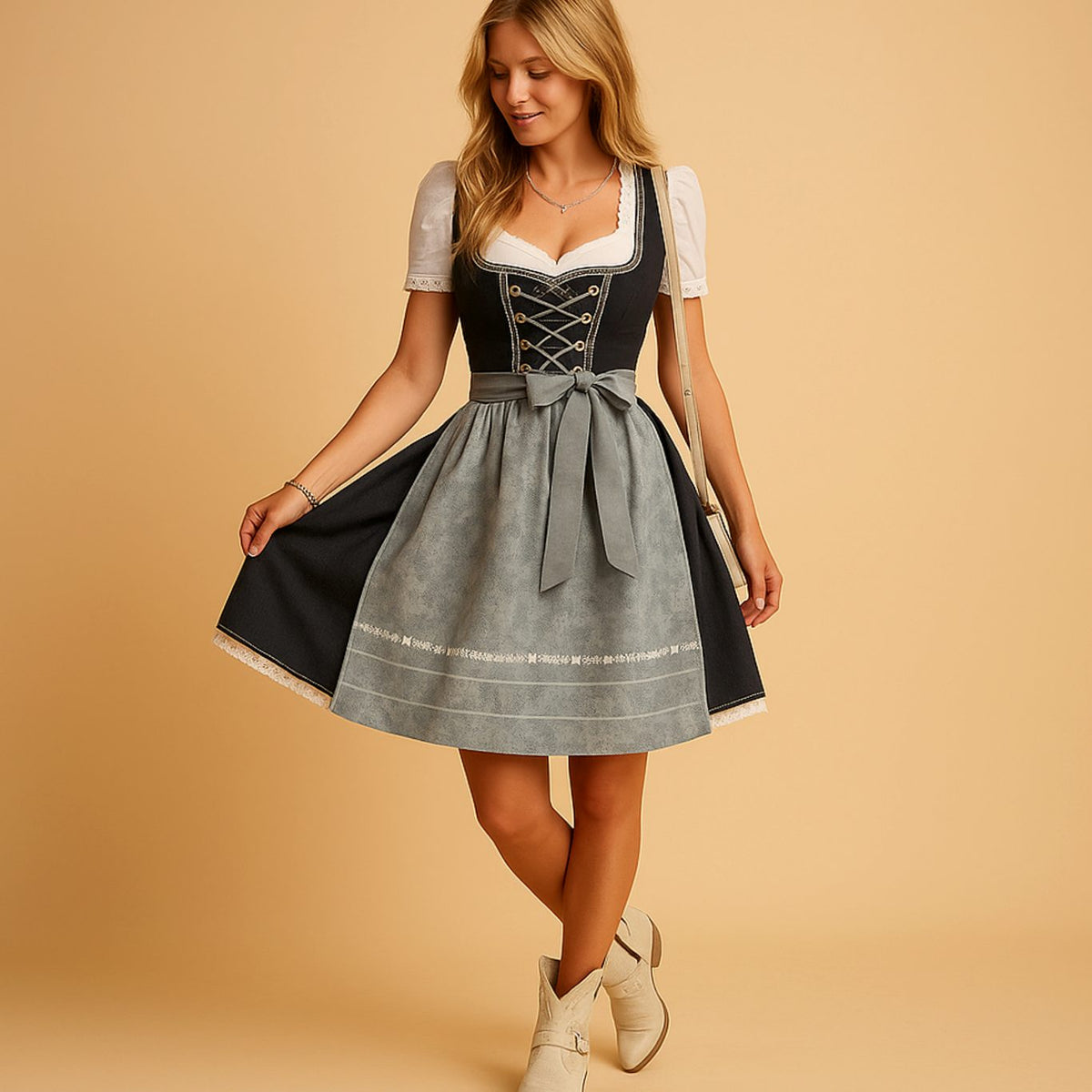 Damen-Dirndl in Dunkelgrau mit hellgrauer bestickter Schürze, weitere Ansicht