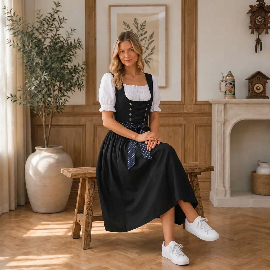 Frau im schwarzen Midi-Dirndl seitlich auf einer Holzbank, Detail
