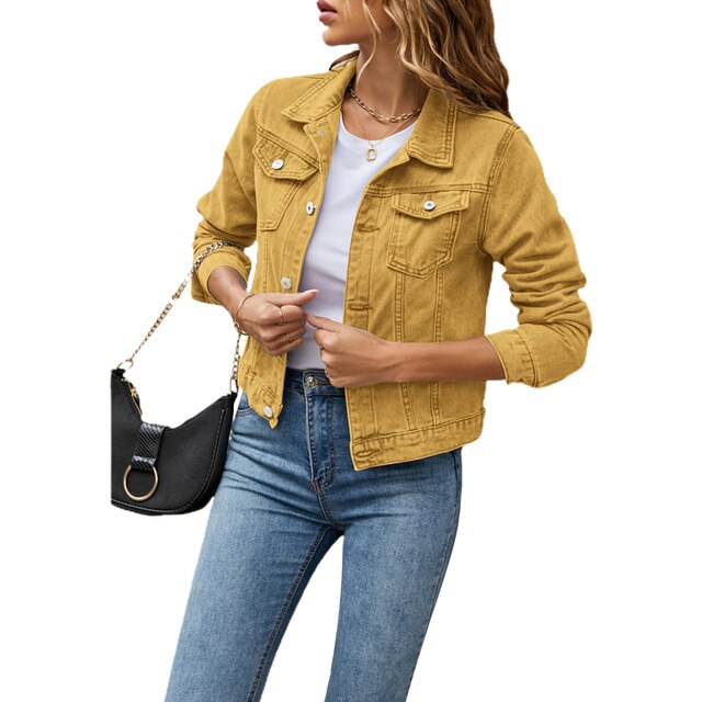 Gelbe Damen-Denimjacke, lange Ärmel, Revers, Brusttaschen, modisch, casual, Jeansstoff.