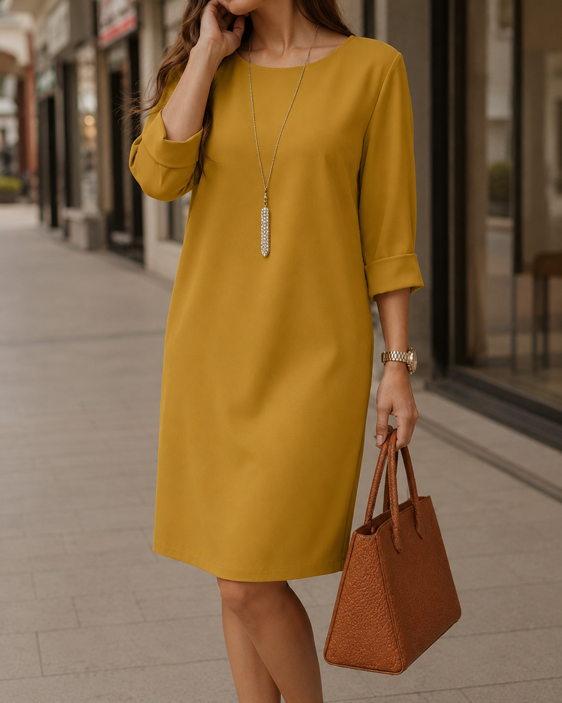 Senfgelbes Kleid mit Rundhals und umgeschlagenen Ärmeln, auf der Straße mit Kette, Armbanduhr und Handtasche 7