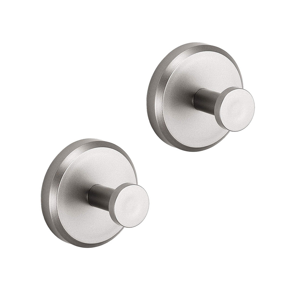 Zwei runde Edelstahl-Wandhaken, modern, silber, für Badezimmer oder Küche.