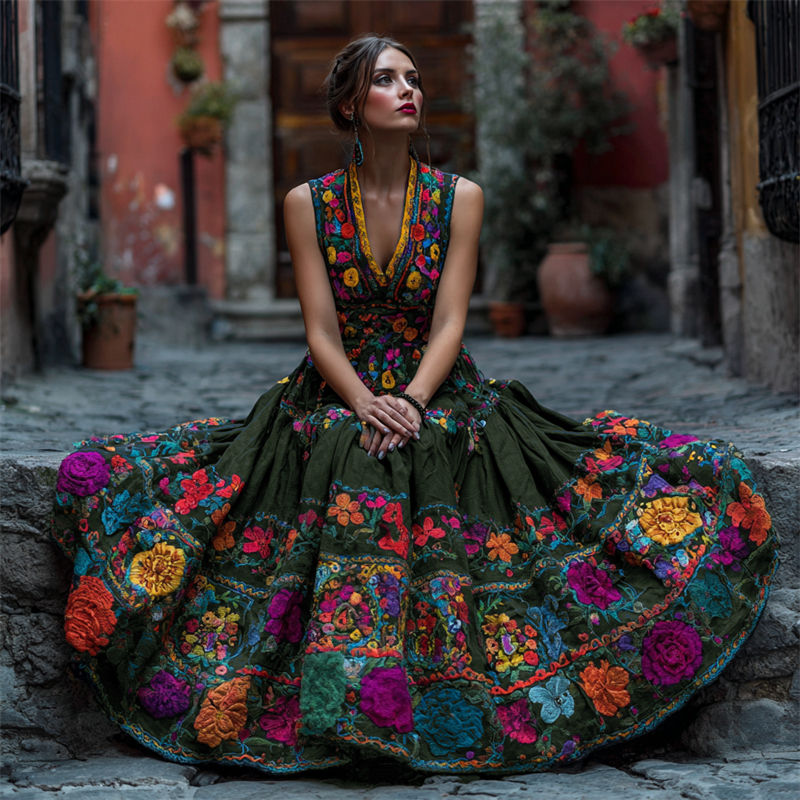 Frau im dunkelgrünen, ärmellosen Kleid mit bunten gestickten Blumen am Oberteil und am weit schwingenden Rock, sitzend in einer Gasse. 4